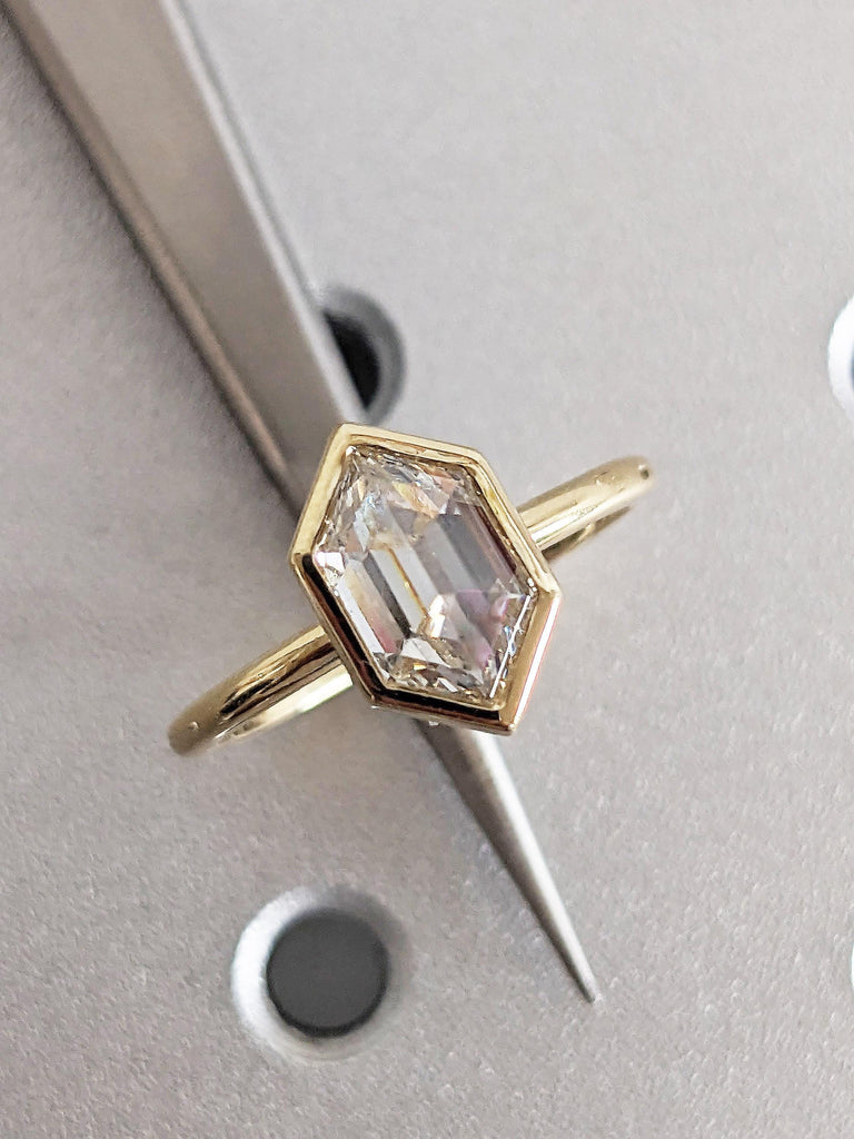 Hexagon Cut Lab Diamond Solitaire Ring, 14K Yellow Gold Bezel Setting Wedding Band, Women’s Engagement Anniversary Ring