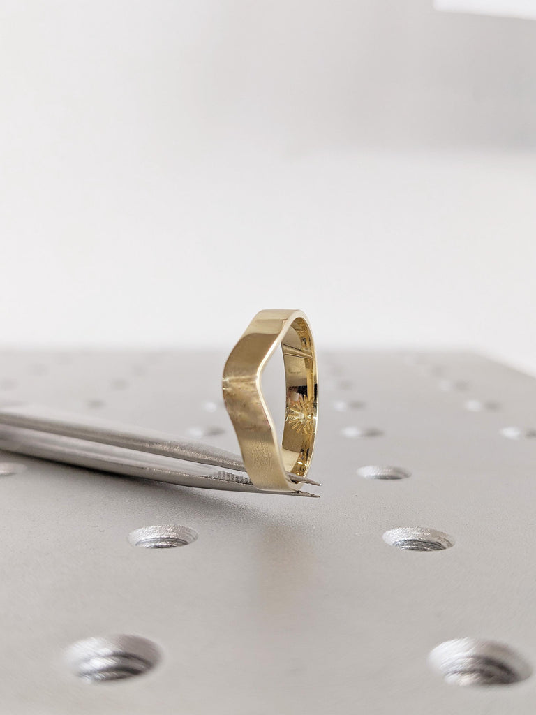 Unique Gold Wedding Band, 14K Yellow Gold Stacking Ring For Woman, Unique Matching Ring, Curved Simple Gold Ring, Wedding Gift, Promise Ring