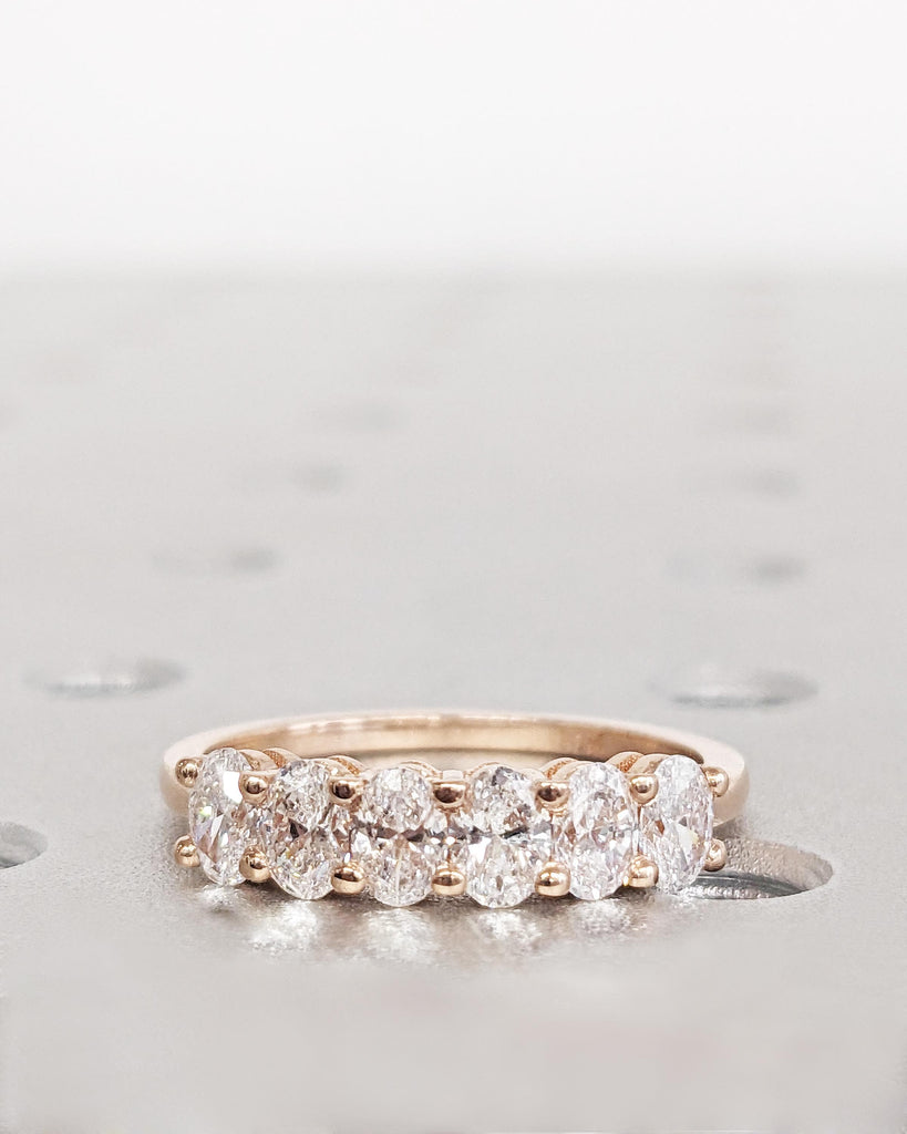 Women’s Rose Gold Wedding Band | Six Stone Half Eternity Oval Wedding Band | Oval Stacking Band | Matching Ring | Oval Moissanite or Diamond