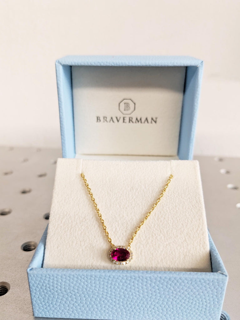 Lab Grown Vintage Style Ruby Pendant with Diamond Halo, 14K Yellow Gold Oval Ruby Necklace, Red Ruby Necklace For Her, Ruby Jewelry Gift