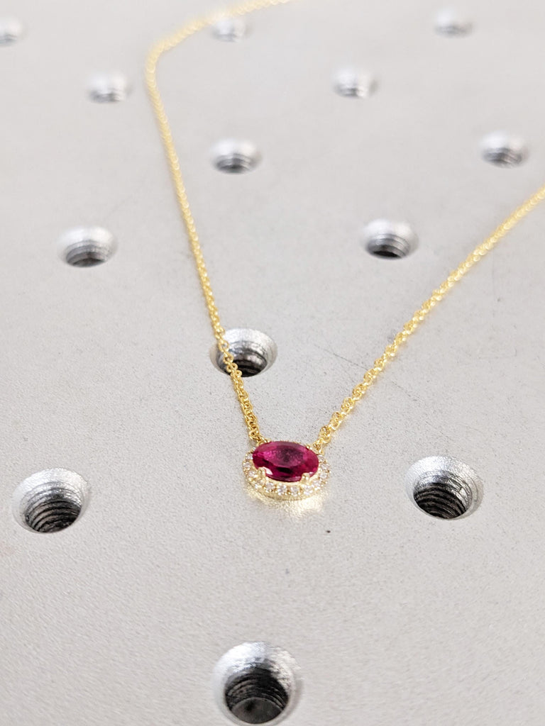 14K Yellow Gold Oval Ruby Pendant, Lab Grown Ruby Necklace with Diamond Halo, Vintage Style Red Gemstone Jewelry