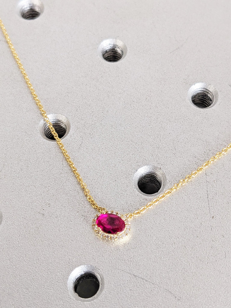 Lab Grown Vintage Style Ruby Pendant with Diamond Halo, 14K Yellow Gold Oval Ruby Necklace, Red Ruby Necklace For Her, Ruby Jewelry Gift