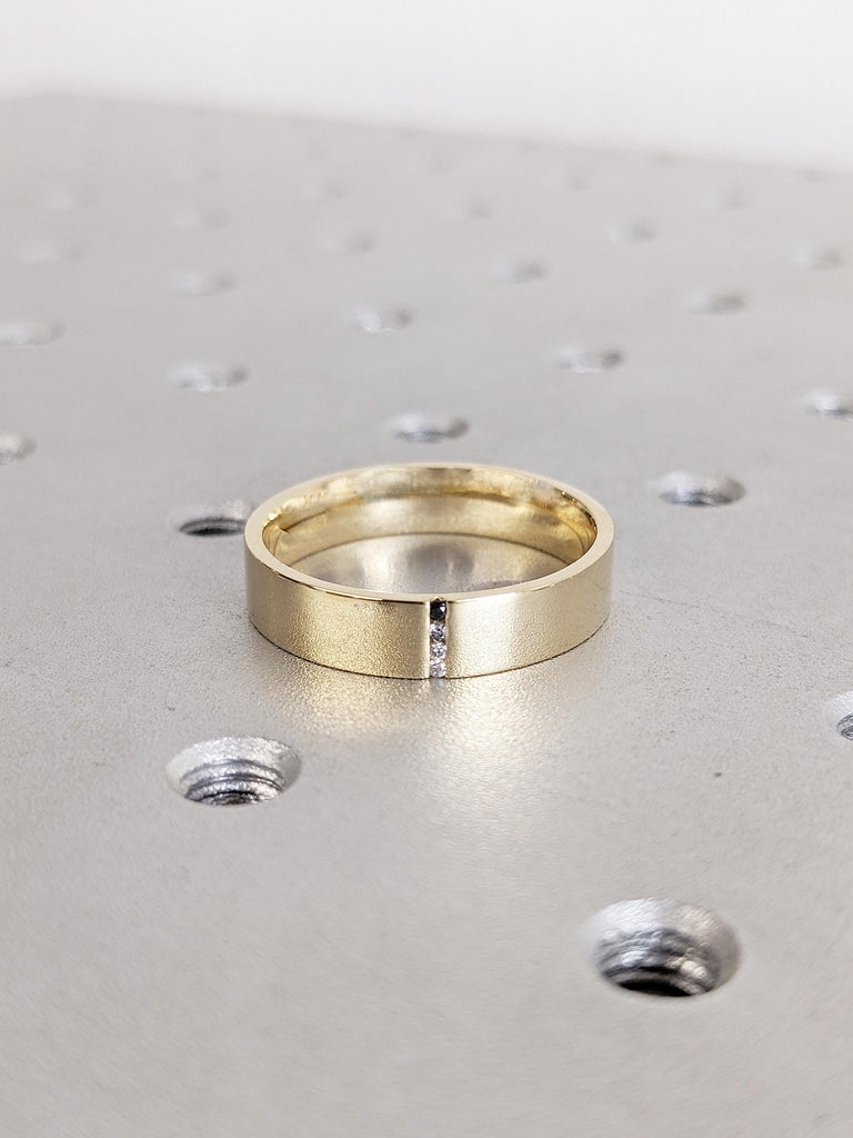 Men’s Ombre Diamond Engagement Ring, 14K Yellow Gold Brushed Finish Band, Solid Gold Men’s Wedding Ring