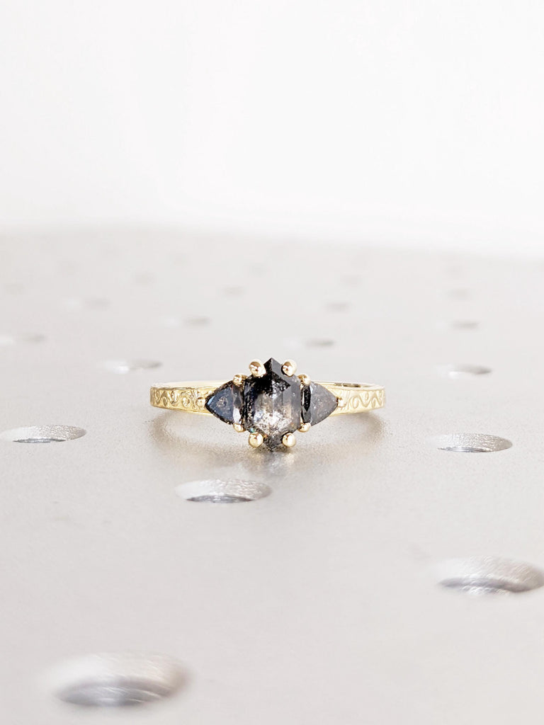 Salt And Pepper Diamond Engagement Ring, 14K Yellow Solid Gold Ring, Hexagon Trillion Cut Salt and Pepper Diamond Ring, Promise Ring Gift
