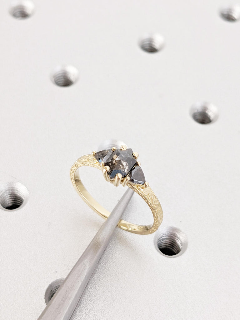 Salt And Pepper Diamond Engagement Ring, 14K Yellow Solid Gold Ring, Hexagon Trillion Cut Salt and Pepper Diamond Ring, Promise Ring Gift