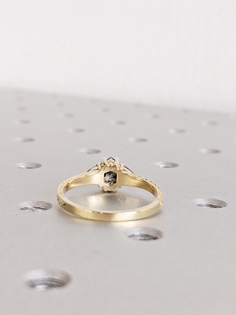 Salt And Pepper Diamond Engagement Ring, 14K Yellow Solid Gold Ring, Hexagon Trillion Cut Salt and Pepper Diamond Ring, Promise Ring Gift