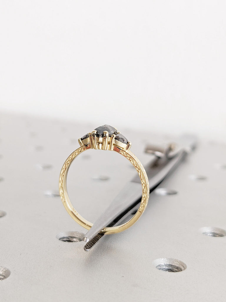 Salt And Pepper Diamond Engagement Ring, 14K Yellow Solid Gold Ring, Hexagon Trillion Cut Salt and Pepper Diamond Ring, Promise Ring Gift