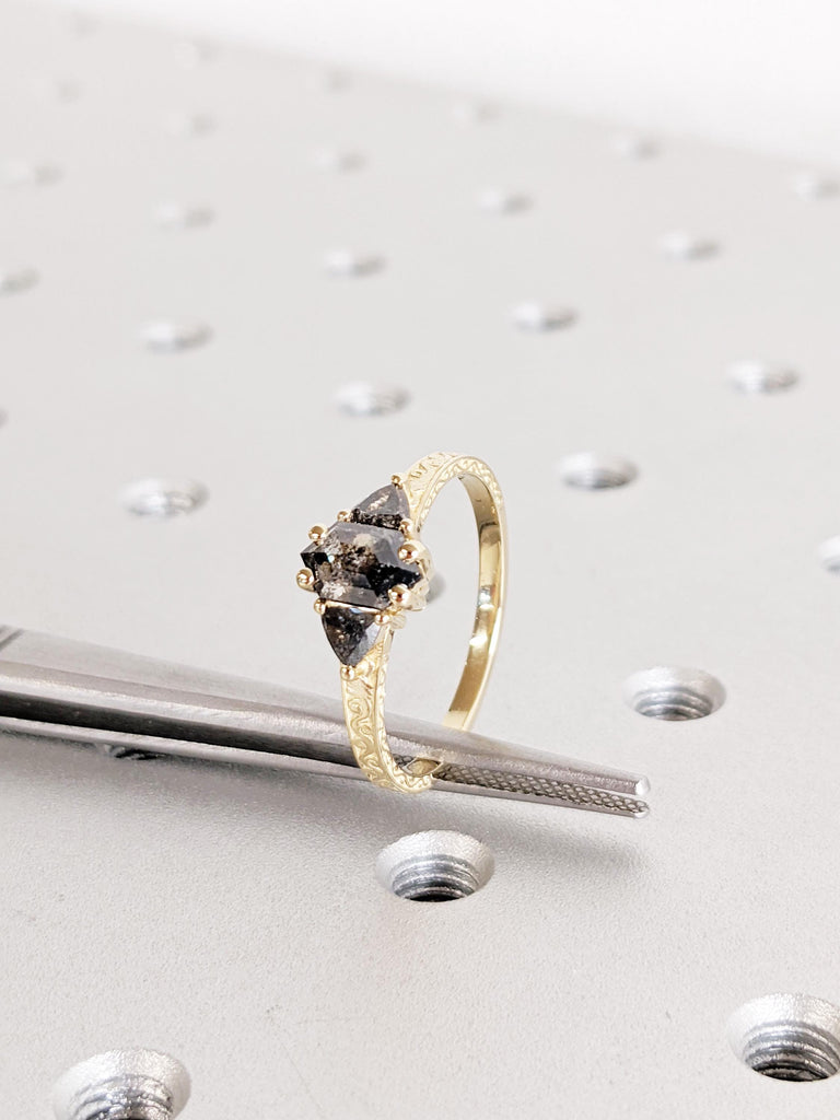 Salt And Pepper Diamond Engagement Ring, 14K Yellow Solid Gold Ring, Wedding Ring, Bridal Jewelry