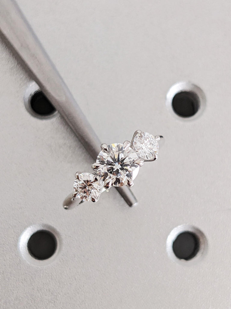 Custom 14K Solid White Gold Lab Grown Diamond Talon Prong Wedding Band, Round Cut Three Stone White Diamond Wedding Band