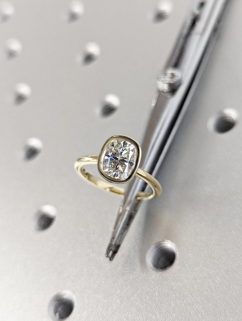 14k Yellow Gold Elongated Cushion Cut Moissanite Engagement Ring | 1, 2, 3, 4ct Solitaire Long Cushion Cut Moissanite Ring | Bezel set Ring