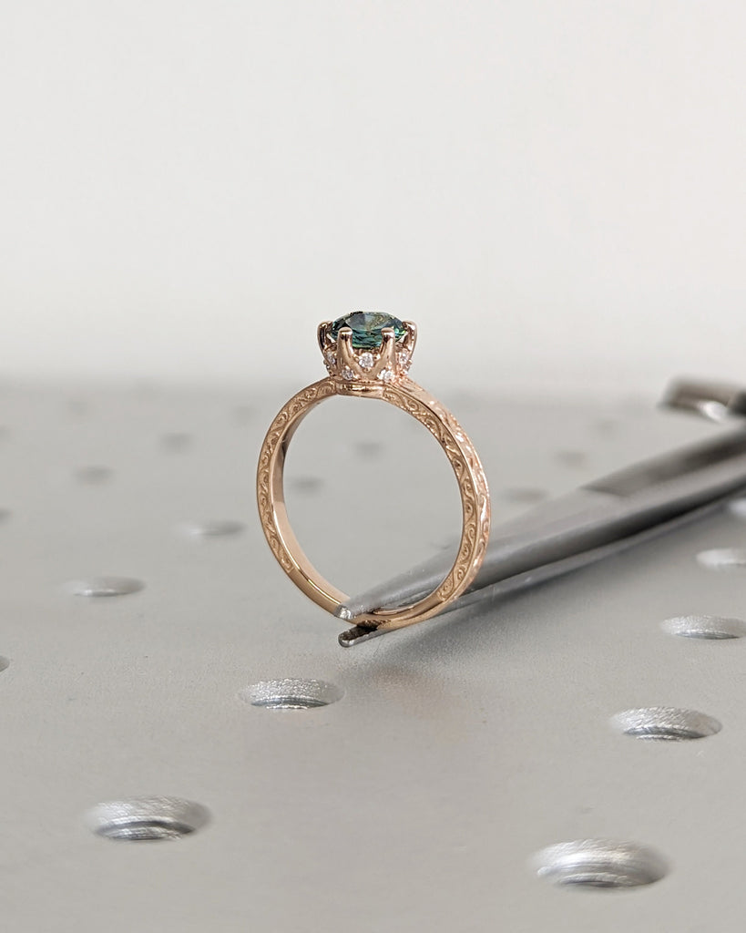 Vintage Teal Sapphire Hidden Halo Engagement Ring | Sapphire and Diamond Rose Gold Wedding Ring | Hand Engraved Filigree Proposal Ring