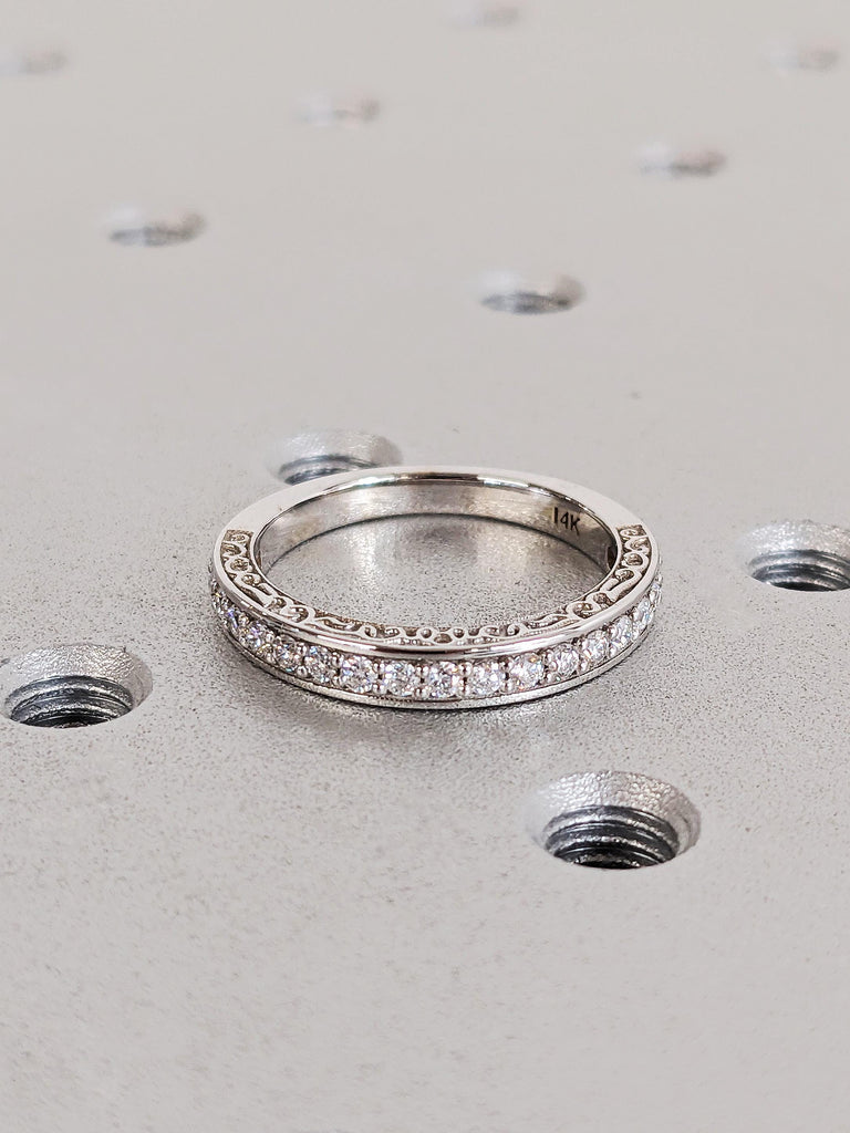 14K White Gold Diamond Wedding Band, Round Cut Pavé Ring, Vintage Filigree Bridal Band, Scroll Engraved Matching Ring