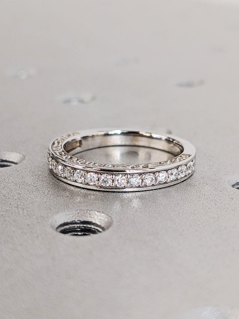 14K White Gold Diamond Wedding Band, Round Cut Pavé Ring, Vintage Filigree Bridal Band, Scroll Engraved Matching Ring