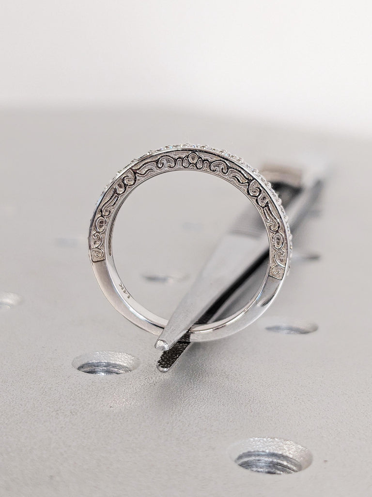 14K White Gold Diamond Wedding Band, Round Cut Pavé Ring, Vintage Filigree Bridal Band, Scroll Engraved Matching Ring