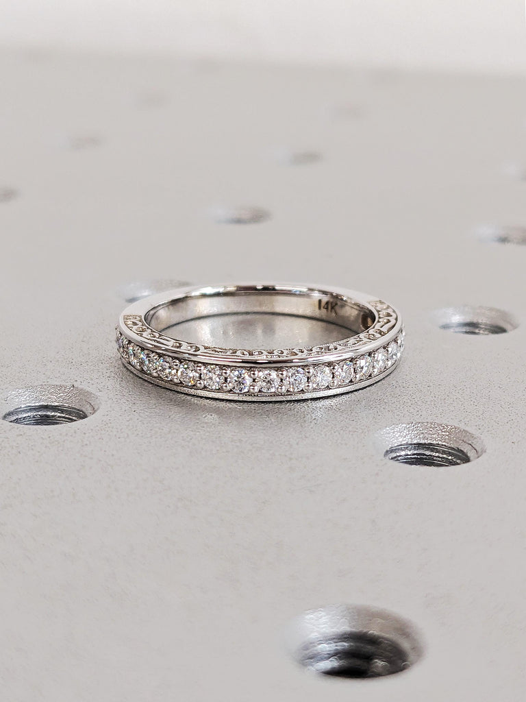 14K White Gold Diamond Wedding Band, Round Cut Pavé Ring, Vintage Filigree Bridal Band, Scroll Engraved Matching Ring