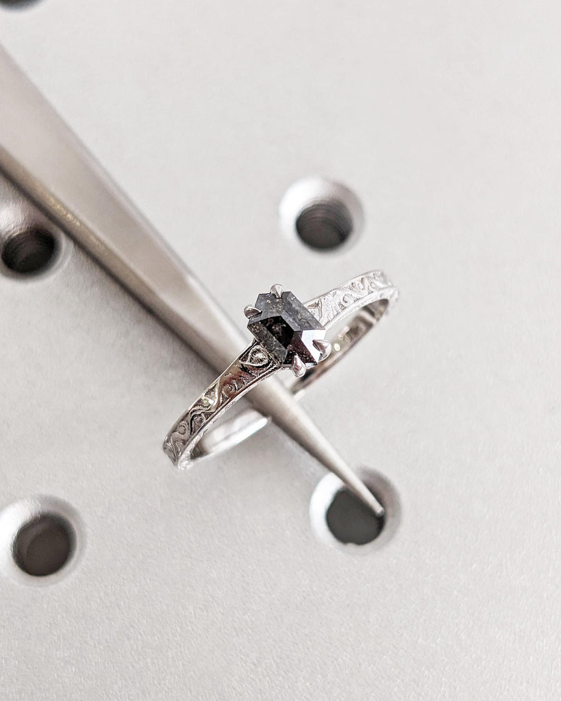 Hexagon Salt and Pepper Diamond Ring, Solitaire Hexagon Diamond Engagement Ring, Filigree Hexagon Wedding Ring, 14K White Gold Vintage Ring