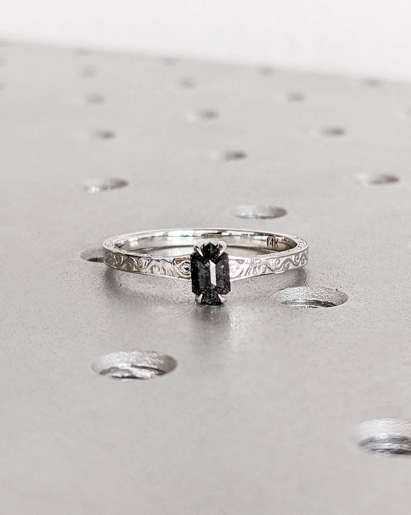 Hexagon Salt and Pepper Diamond Ring, Solitaire Hexagon Diamond Engagement Ring, Filigree Hexagon Wedding Ring, 14K White Gold Vintage Ring