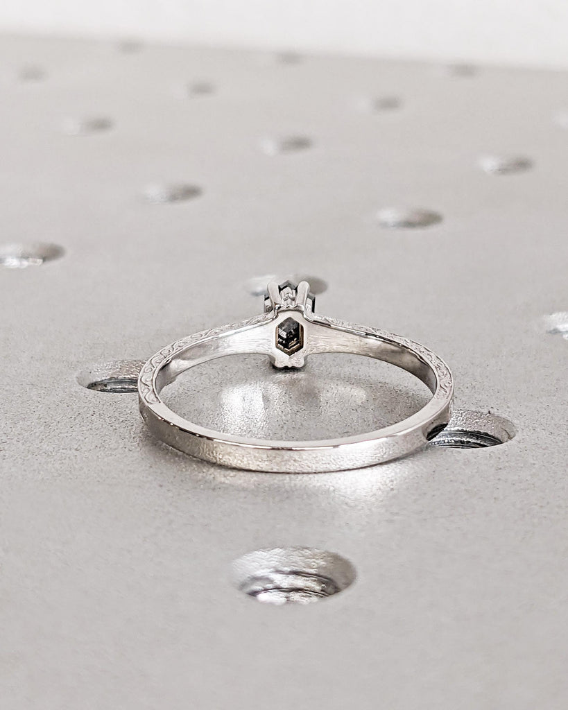 Salt and Pepper Diamond Hexagon Cut Ring: Solitaire Diamond Engagement Ring with Vintage Filigree in 14K White Gold