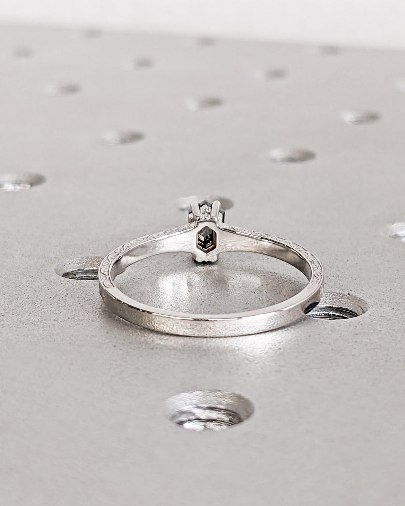 Hexagon Salt and Pepper Diamond Ring, Solitaire Hexagon Diamond Engagement Ring, Filigree Hexagon Wedding Ring, 14K White Gold Vintage Ring
