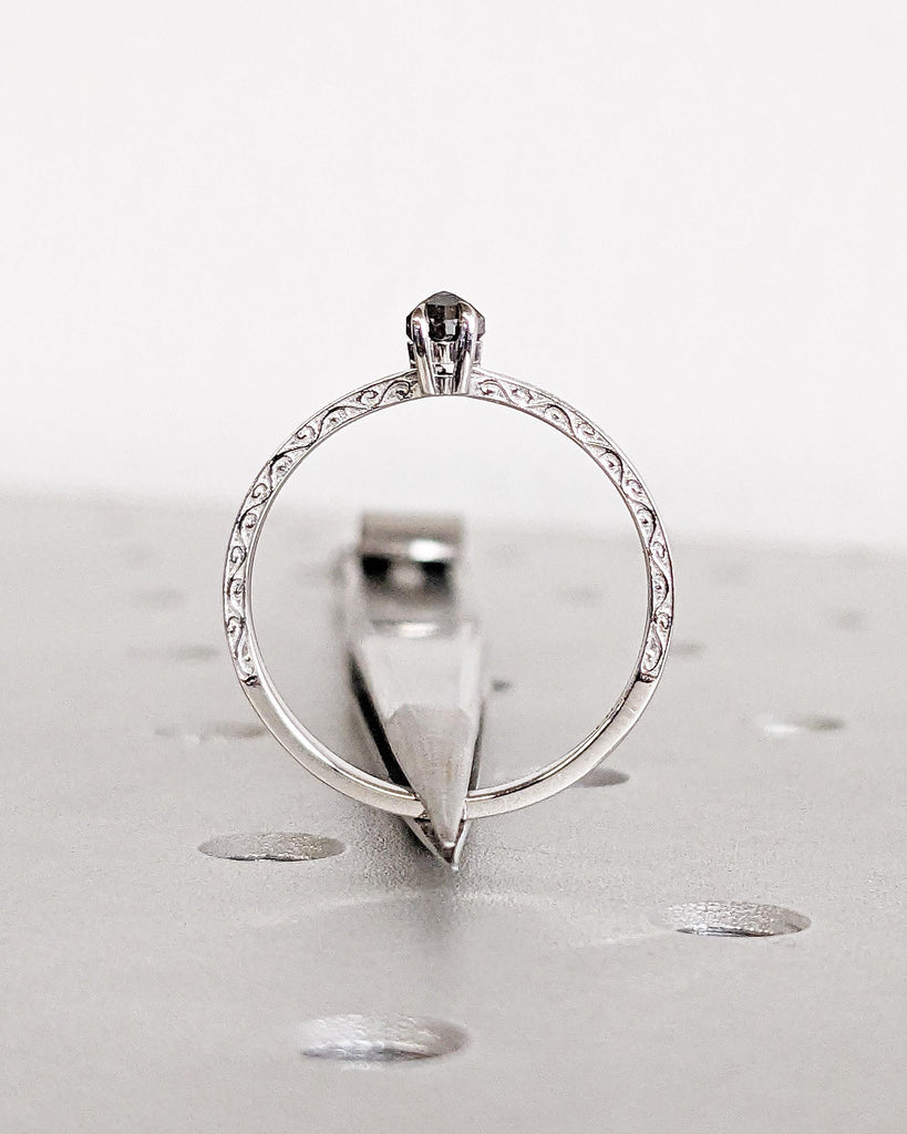 Salt and Pepper Diamond Hexagon Cut Ring: Solitaire Diamond Engagement Ring with Vintage Filigree in 14K White Gold