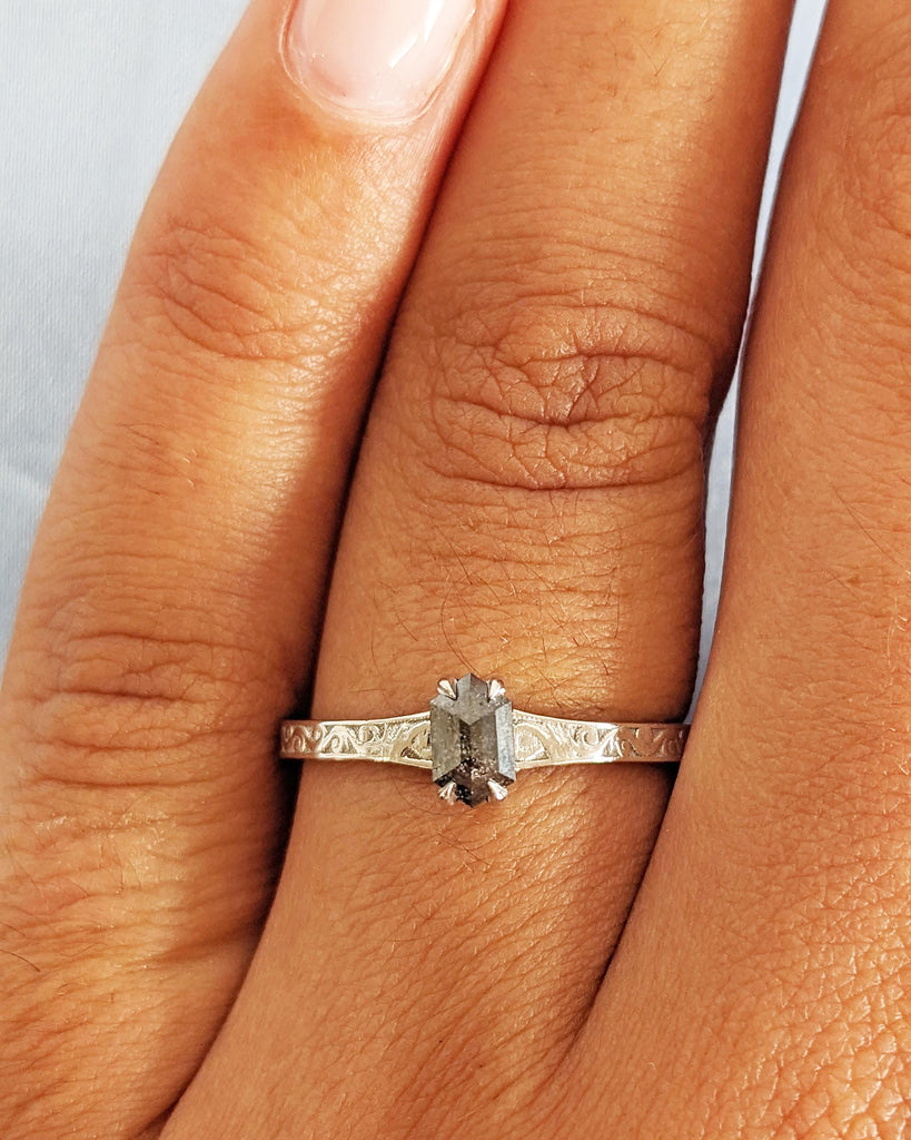 Salt and Pepper Diamond Hexagon Cut Ring: Solitaire Diamond Engagement Ring with Vintage Filigree in 14K White Gold