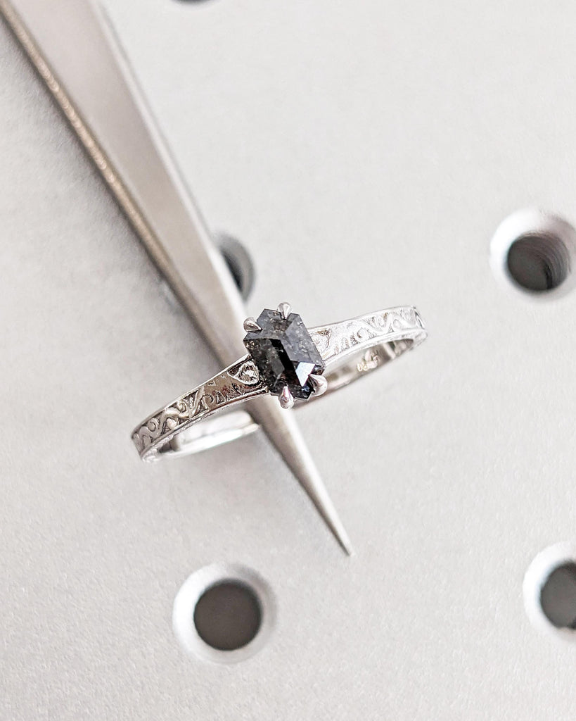 Salt and Pepper Diamond Hexagon Cut Ring: Solitaire Diamond Engagement Ring with Vintage Filigree in 14K White Gold