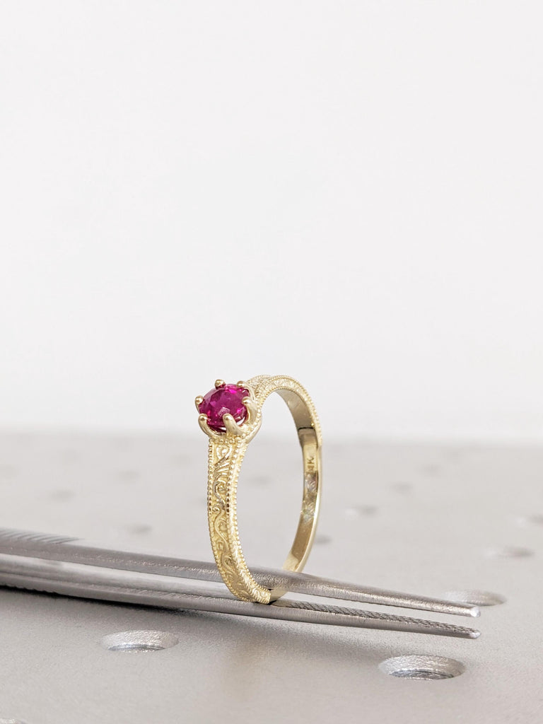Ruby Engagement Ring, 14K Yellow Gold Vintage Milgrain Ruby Ring, Ruby Wedding Ring, July Birthstone Ring, Promise Ring, Ruby Jewelry Gift