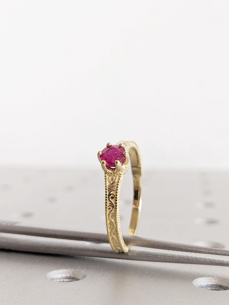14K Yellow Gold Ruby Engagement Ring, Vintage Milgrain Ruby Wedding Ring, July Birthstone Ring