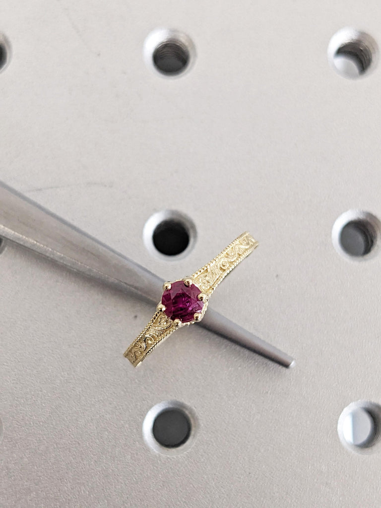 Ruby Engagement Ring, 14K Yellow Gold Vintage Milgrain Ruby Ring, Ruby Wedding Ring, July Birthstone Ring, Promise Ring, Ruby Jewelry Gift