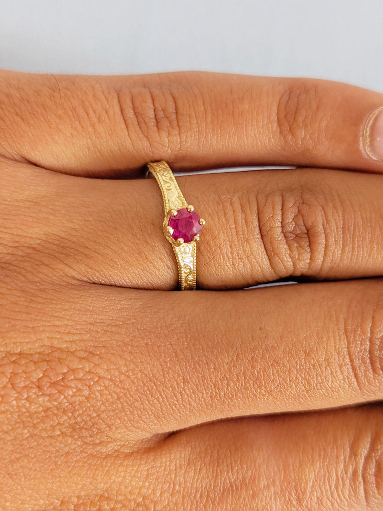 Ruby Engagement Ring, 14K Yellow Gold Vintage Milgrain Ruby Ring, Ruby Wedding Ring, July Birthstone Ring, Promise Ring, Ruby Jewelry Gift
