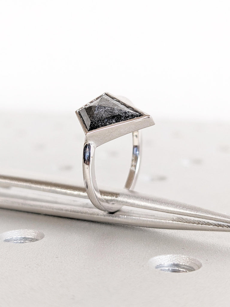 Bezel Ring, Salt and Pepper Diamond Engagement Ring, Minimalist 14k White Gold Ring, Kite Ring