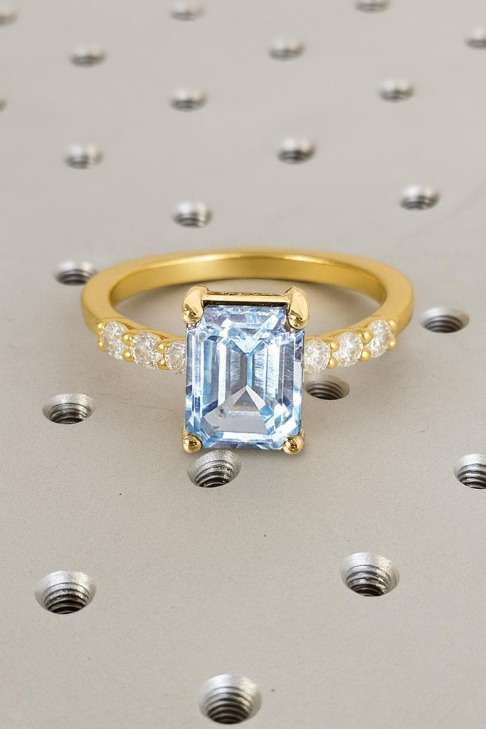 Emerald Cut Aquamarine Ring, Dainty 18k/14k Yellow Gold Engagement Ring