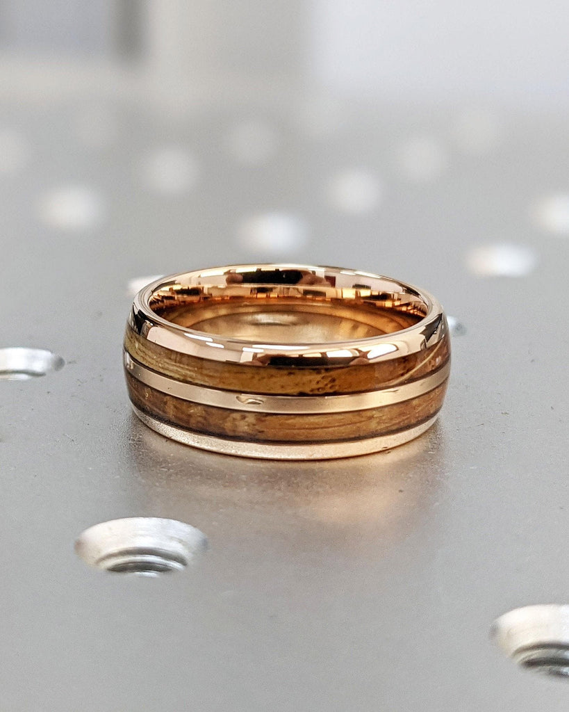 Unique Mens Wedding Bands with Wood and Opal Pattern Inlay: Rose Gold Plated Tungsten Ring