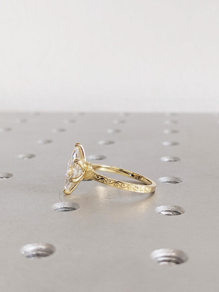 14K Yellow Gold Marquise Cut Moissanite Engagement Ring, Vintage Filigree Solitaire Ring, Women’s Wedding Ring