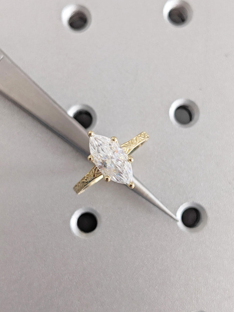 14K Yellow Gold Marquise Cut Moissanite Engagement Ring, Vintage Filigree Moissanite Ring, Women's Solitaire Wedding Ring, Ring Gift For Her