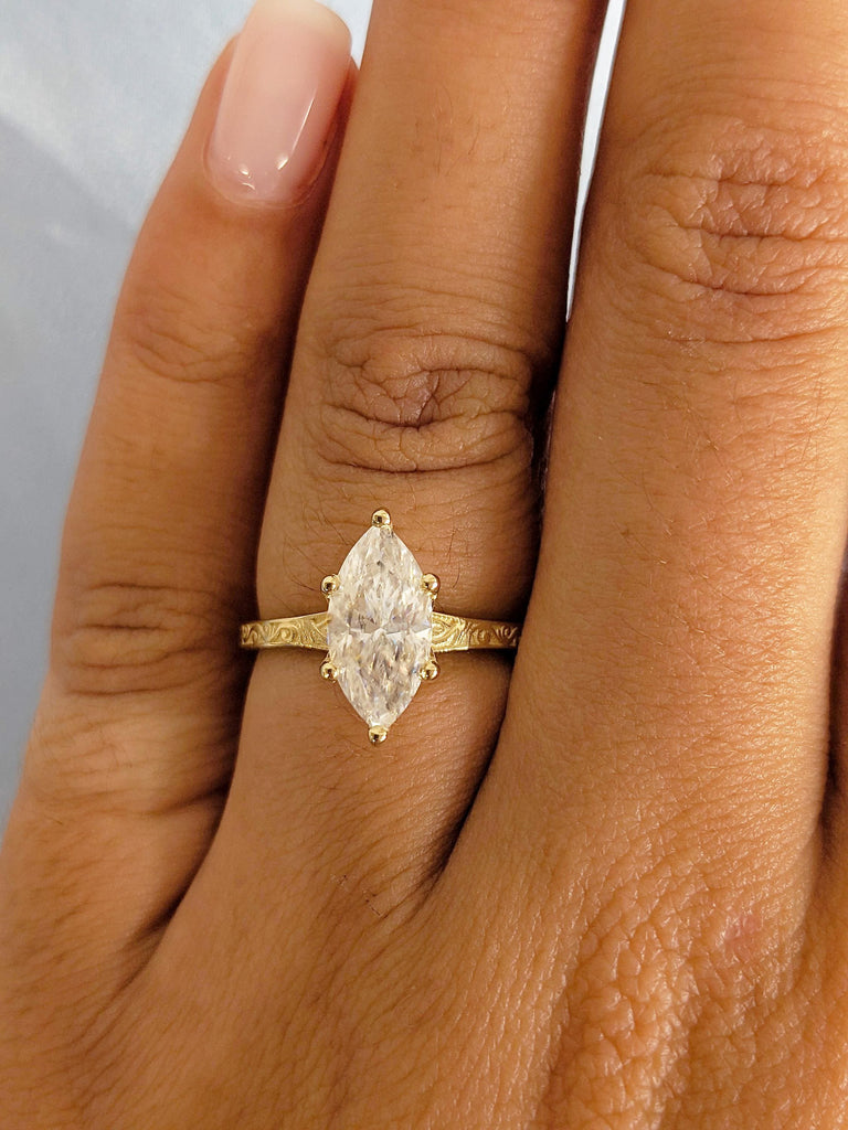14K Yellow Gold Marquise Cut Moissanite Engagement Ring, Vintage Filigree Moissanite Ring, Women's Solitaire Wedding Ring, Ring Gift For Her