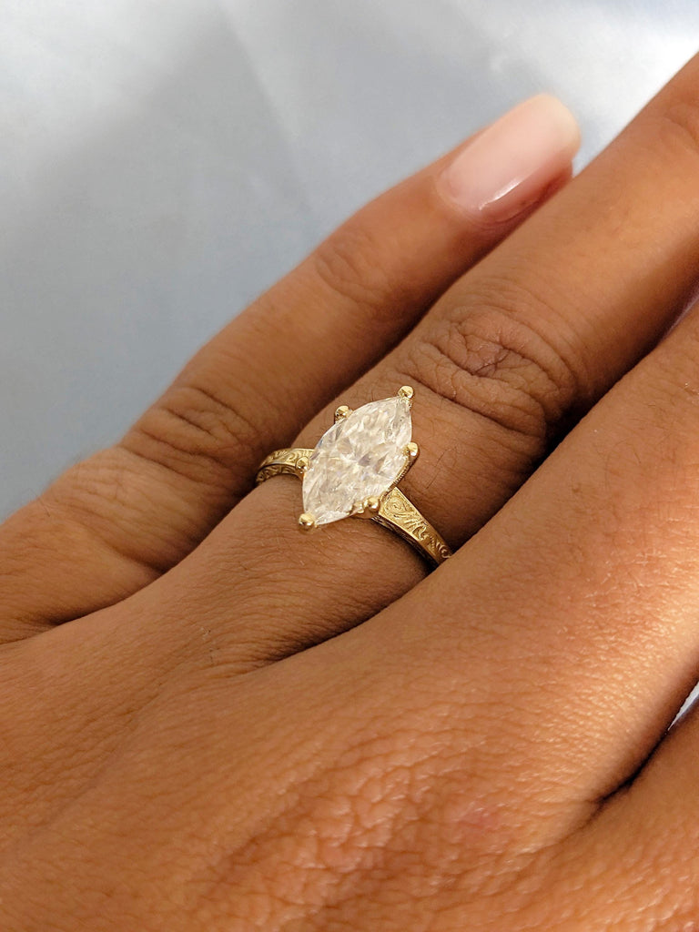 14K Yellow Gold Marquise Cut Moissanite Engagement Ring, Vintage Filigree Solitaire Ring, Women’s Wedding Ring