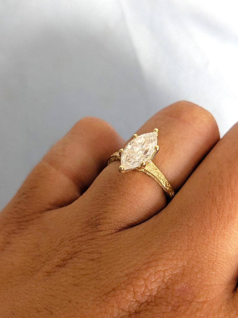 14K Yellow Gold Marquise Cut Moissanite Engagement Ring, Vintage Filigree Moissanite Ring, Women's Solitaire Wedding Ring, Ring Gift For Her