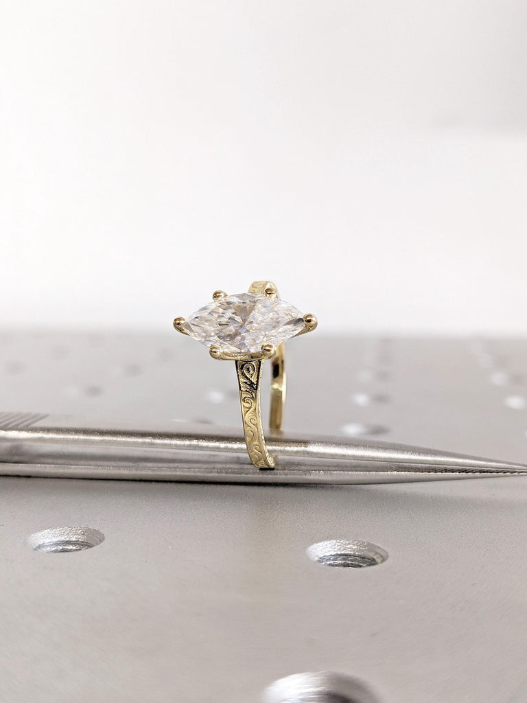 Lab Grown Diamond Engagement Ring, Marquise Cut Lab Diamond Ring, 14K Yellow Gold Vintage Filigree Wedding Ring, Bridal Jewelry Gift For Her