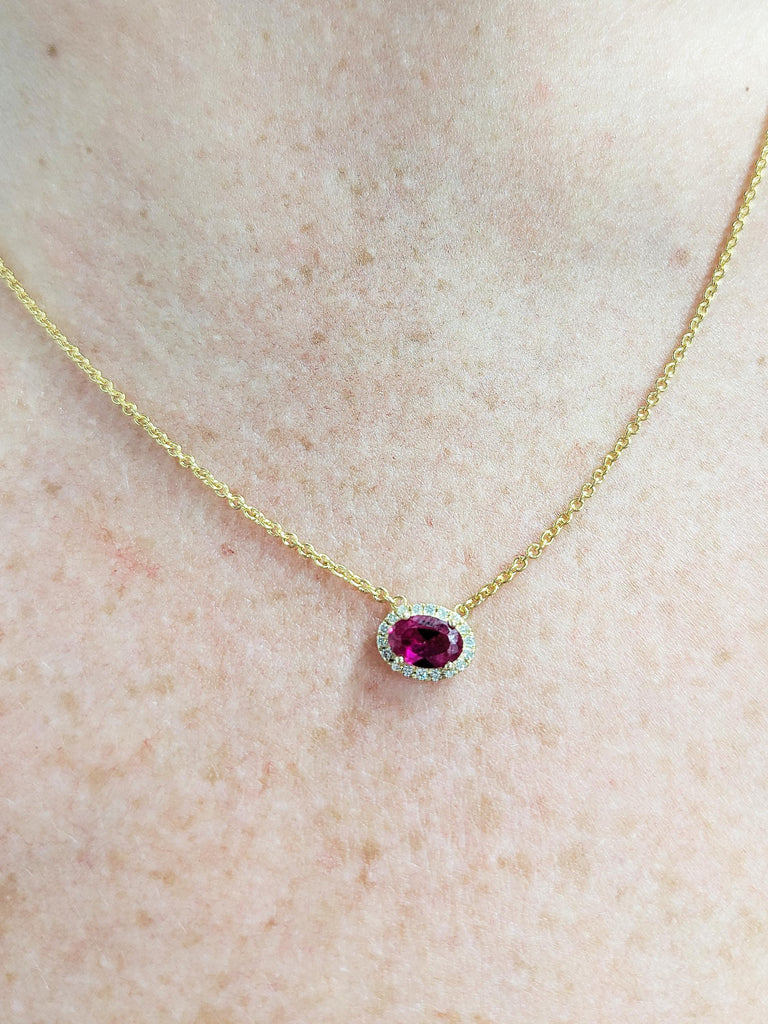14K Yellow Gold Oval Ruby Pendant, Lab Grown Ruby Necklace with Diamond Halo, Vintage Style Red Gemstone Jewelry