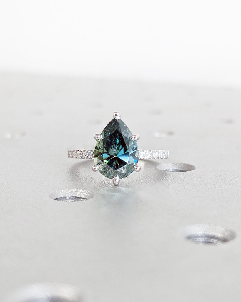 Vintage Pear Cut Blue Green Moissanite Engagement Ring, Diamond Hidden Halo Ring, Half Eternity Pave Band, 14K White Gold