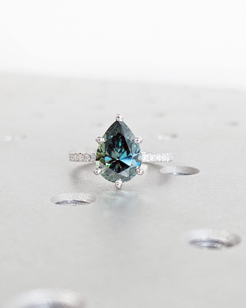 Colored Moissanite Engagement, Green Moissanite Ring, Vintage Blue-Green Pear Engagement Ring, Green Color Moissanite, Diamond Hidden Halo