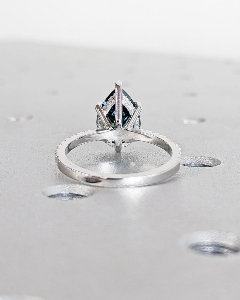 Vintage Pear Cut Blue Green Moissanite Engagement Ring, Diamond Hidden Halo Ring, Half Eternity Pave Band, 14K White Gold