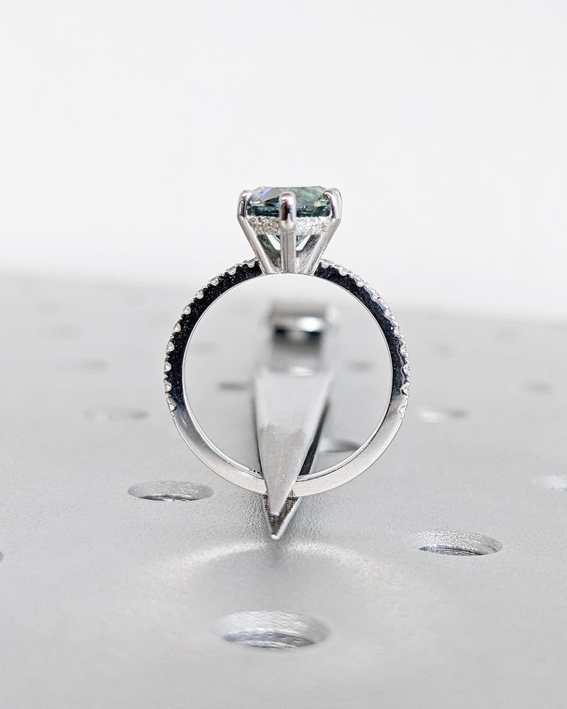 Vintage Pear Cut Blue Green Moissanite Engagement Ring, Diamond Hidden Halo Ring, Half Eternity Pave Band, 14K White Gold