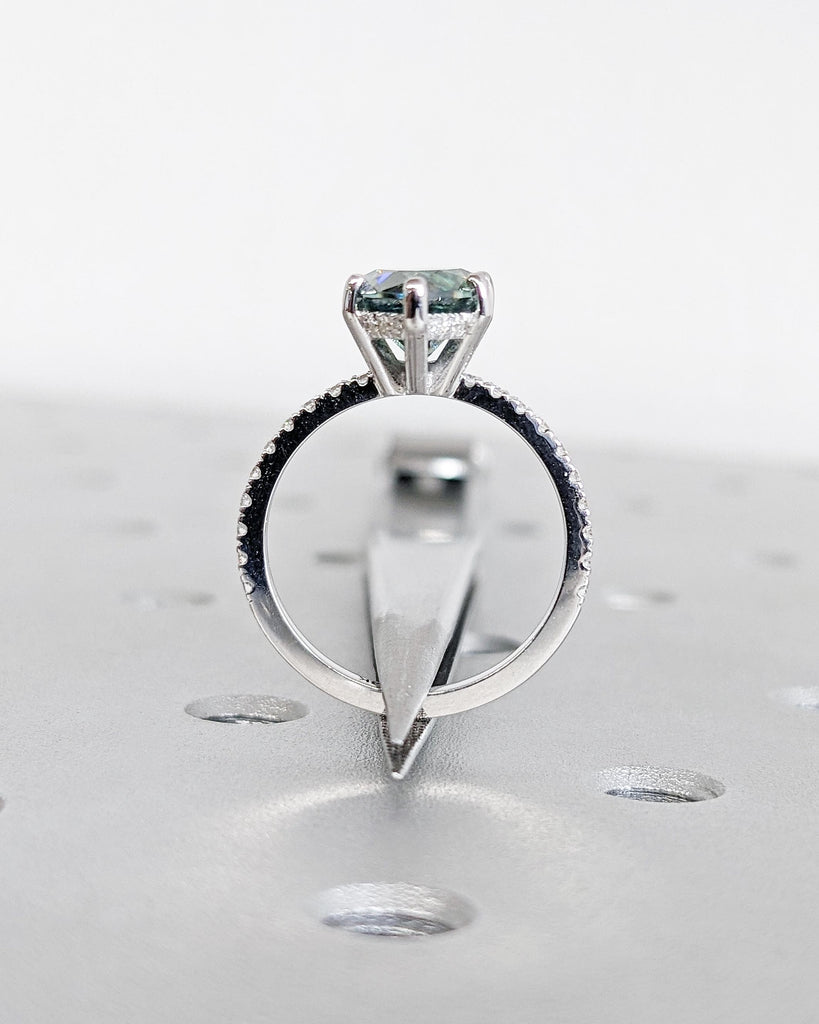 Colored Moissanite Engagement, Green Moissanite Ring, Vintage Blue-Green Pear Engagement Ring, Green Color Moissanite, Diamond Hidden Halo