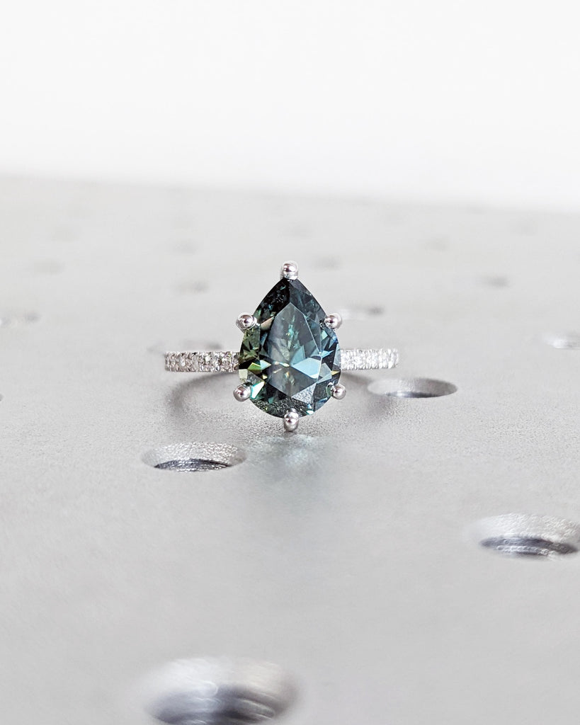 Vintage Pear Cut Blue Green Moissanite Engagement Ring, Diamond Hidden Halo Ring, Half Eternity Pave Band, 14K White Gold