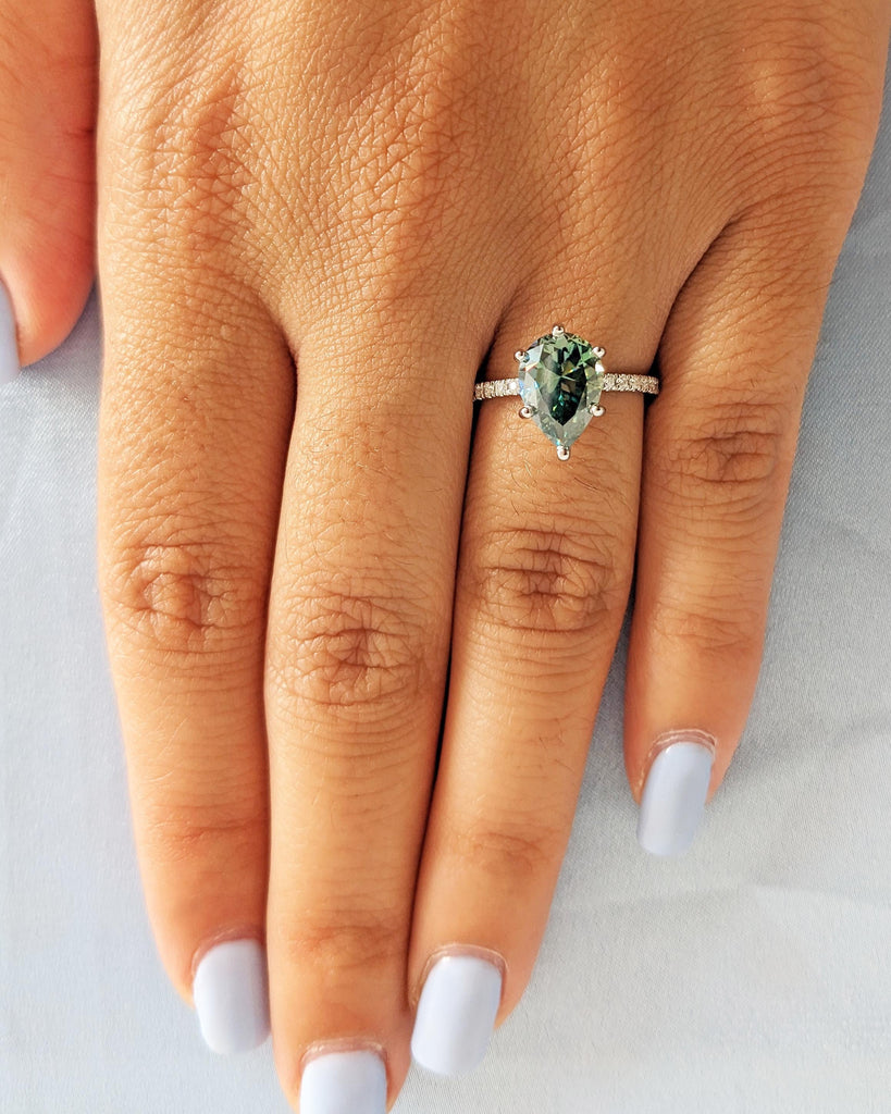 Vintage Pear Cut Blue Green Moissanite Engagement Ring, Diamond Hidden Halo Ring, Half Eternity Pave Band, 14K White Gold