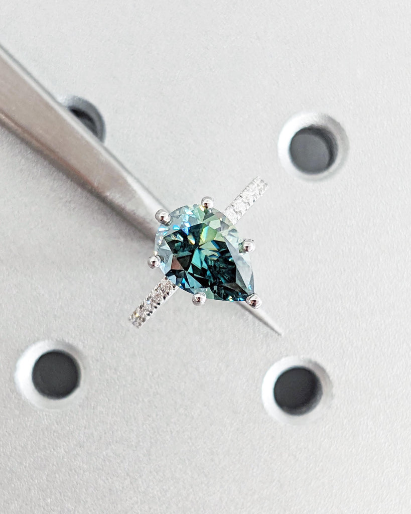 Colored Moissanite Engagement, Green Moissanite Ring, Vintage Blue-Green Pear Engagement Ring, Green Color Moissanite, Diamond Hidden Halo