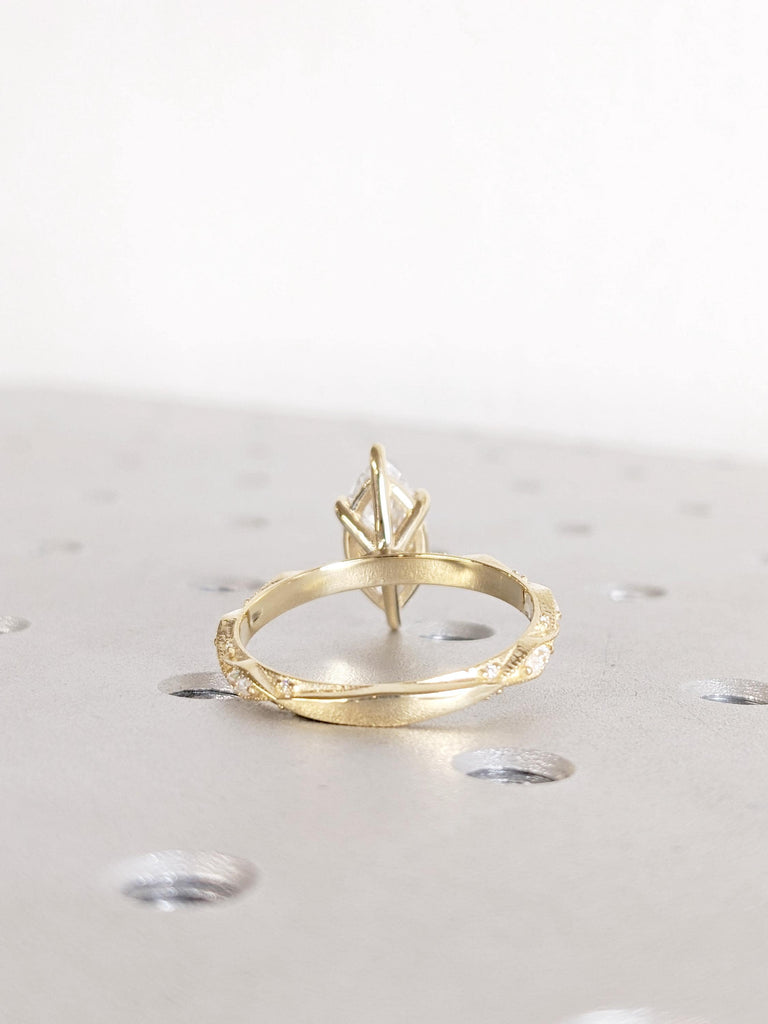 14K Yellow Gold Marquise Moissanite Engagement Ring, Art Deco Milgrain Wedding Band