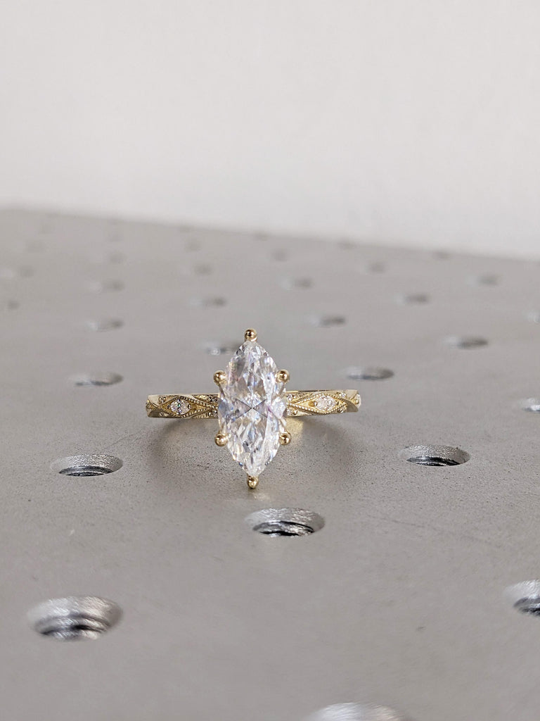 Unique Moissanite Engagement Ring, 14K Solid Yellow Gold Art Deco Marquise Ring, Milgrain Ring For Women, Wedding Ring For Her, Fine Jewelry